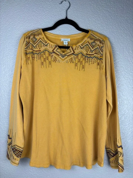 NWT Sundance Women XL Mustard Aztec Embroidered Waffle Knit Thermal Top - Picture 2 of 11